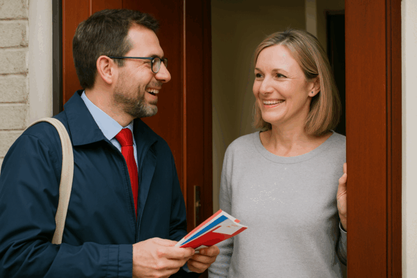 Wahlkämpfer im Gespräch mit Frau an deren Haustür, KI-generiert